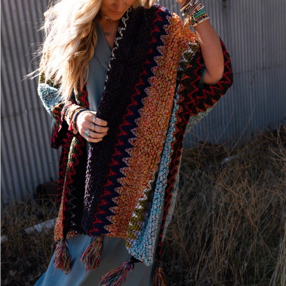 Colorful Crochet Patterned Ruana in Indigo - Picture 4 of 14